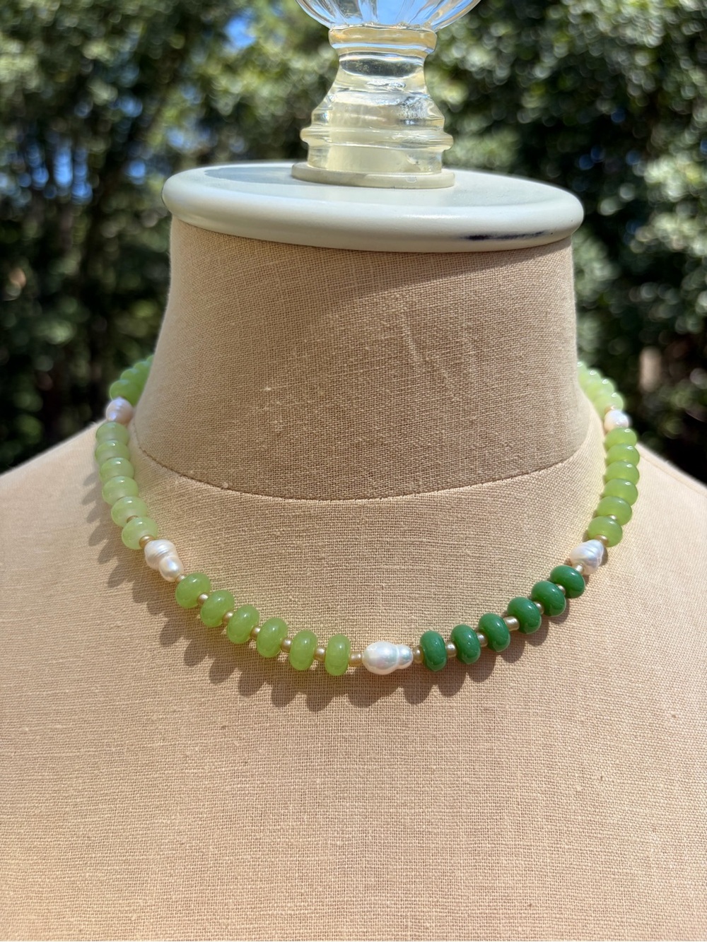 Handmade Green Color Block Chunky Beaded Necklace With Fresh Water Pearls